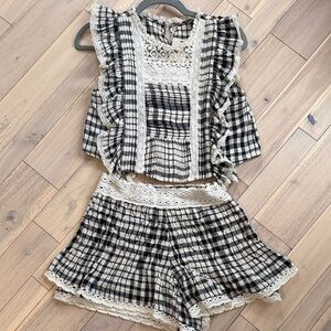 Free People Plaid High Waist Shorts & Matching Top in Black and Cream
